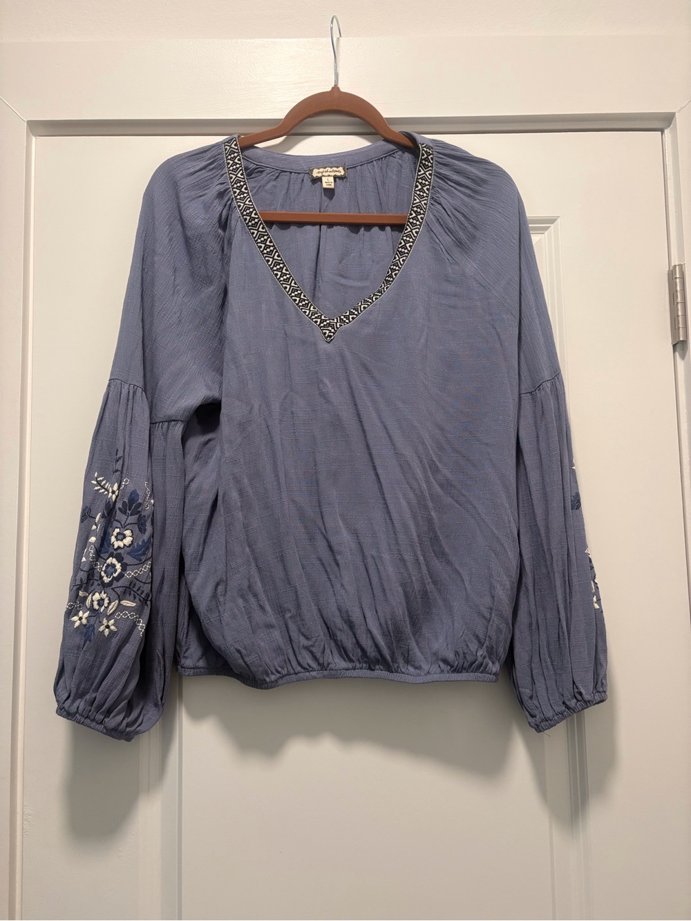 Eyeshadow Blue Embroidered V-Neck Peasant Blouse